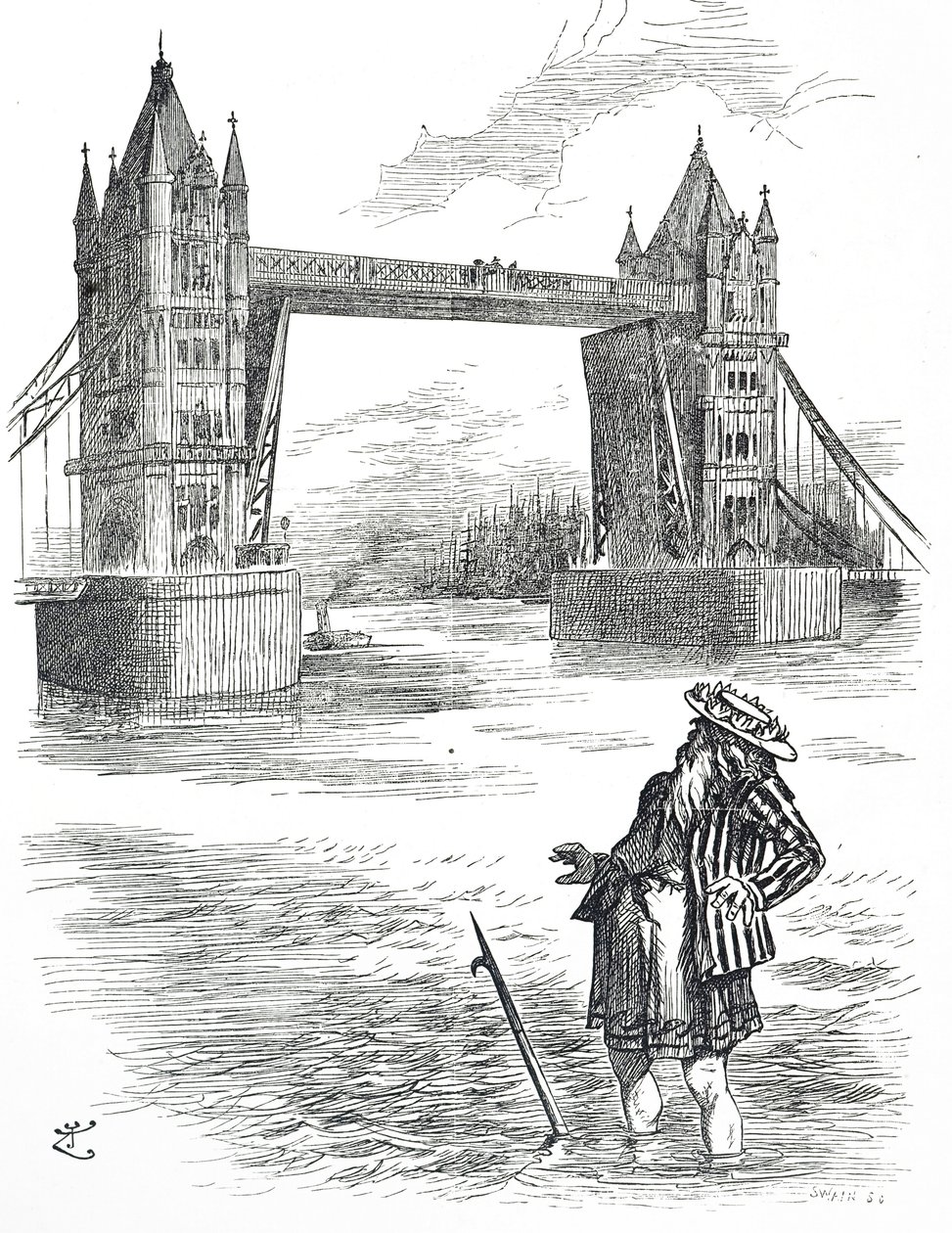 Rajzfilm, amely Temze atyát ábrázolja, amint a londoni Tower Bridge-t csodálja alkotó: John Tenniel