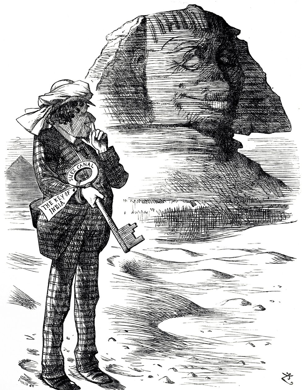 Benjamin Disraeli miniszterelnököt ábrázoló karikatúra, amint a Szuezi-csatornát tartja a britek birtokának és befolyásának kulcsa Indiában alkotó: John Tenniel