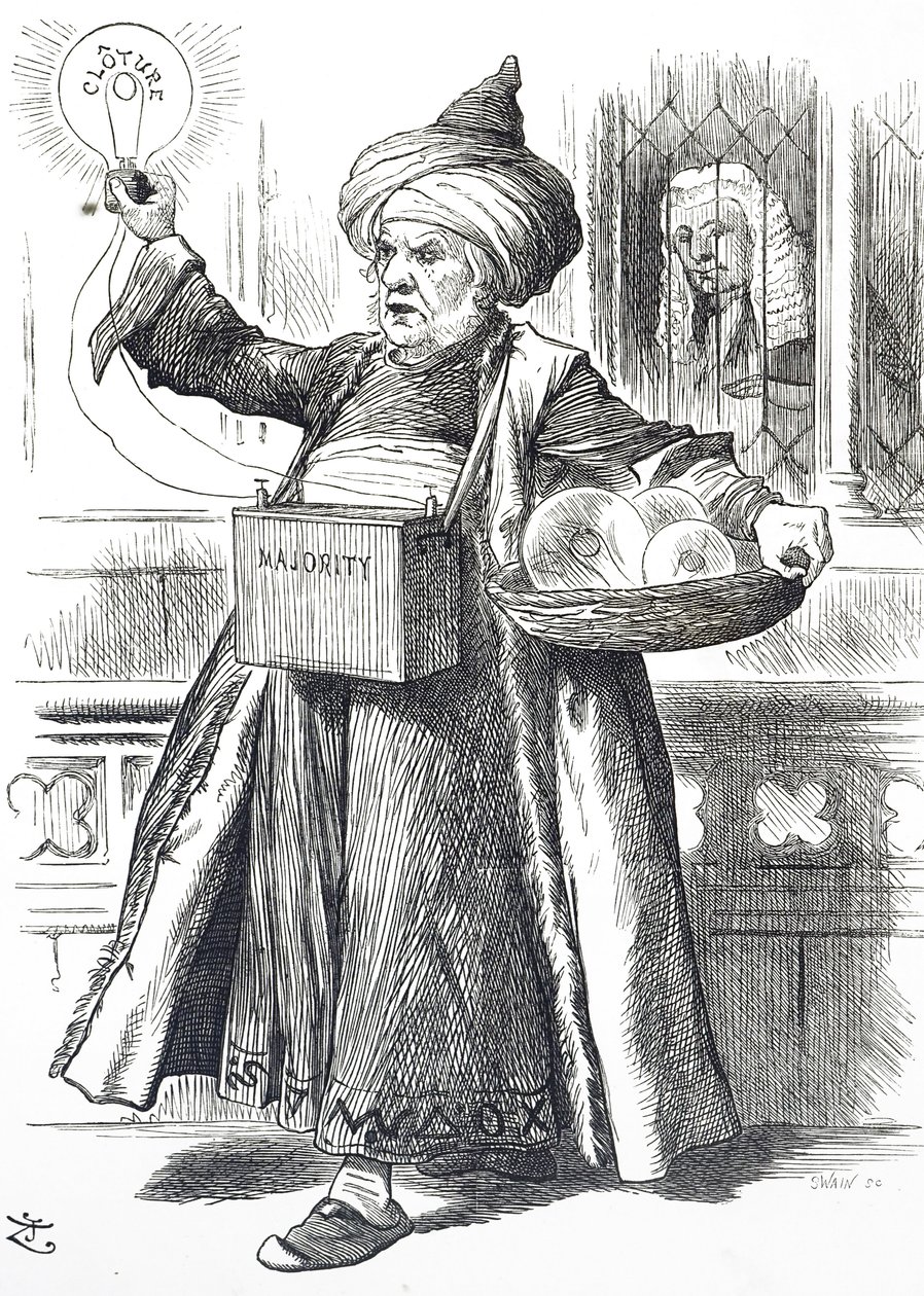 William Ewart Gladstone-t Aladdinként ábrázoló rajzfilm alkotó: John Tenniel