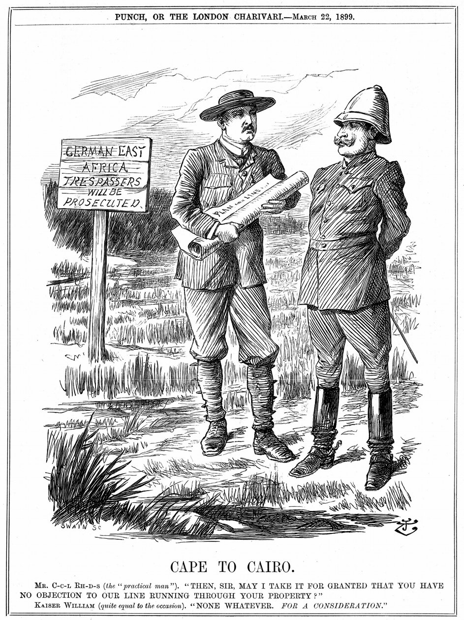 Cecil John Rhodes (1852-1902) angol származású dél-afrikai államférfi, aki engedélyt kér a német császártól, hogy távíróvonalat vezessenek át a német Kelet-Afrikán. Cape To Cairo, John Tenniel rajzfilmje a Punch-ból, London, 1899. március 22. Metszet alkotó: John Tenniel