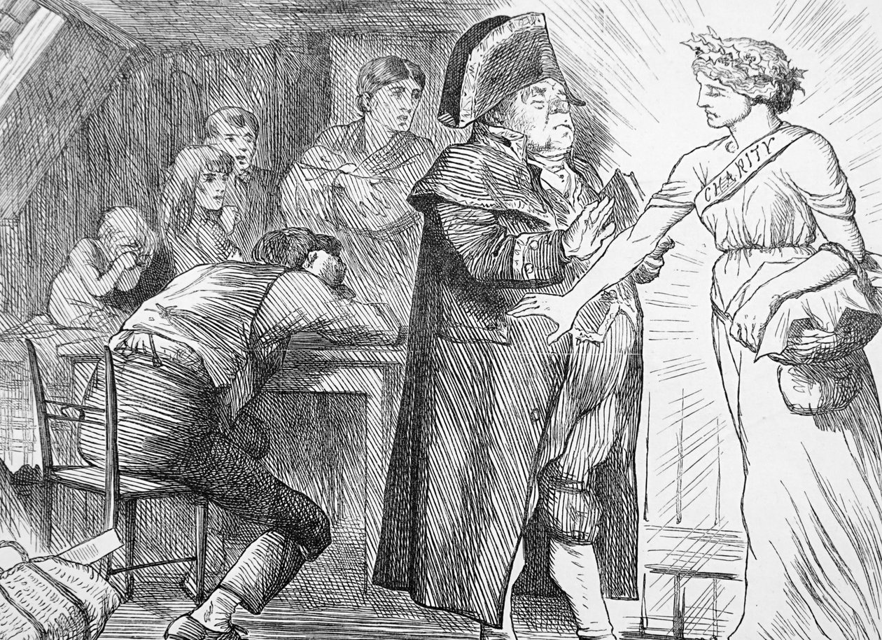 A jótékonyság félresöpörte Brumble úr tiltakozását azon elhatározása miatt, hogy segítséget nyújt a bajba jutott szegény családoknak alkotó: John Tenniel