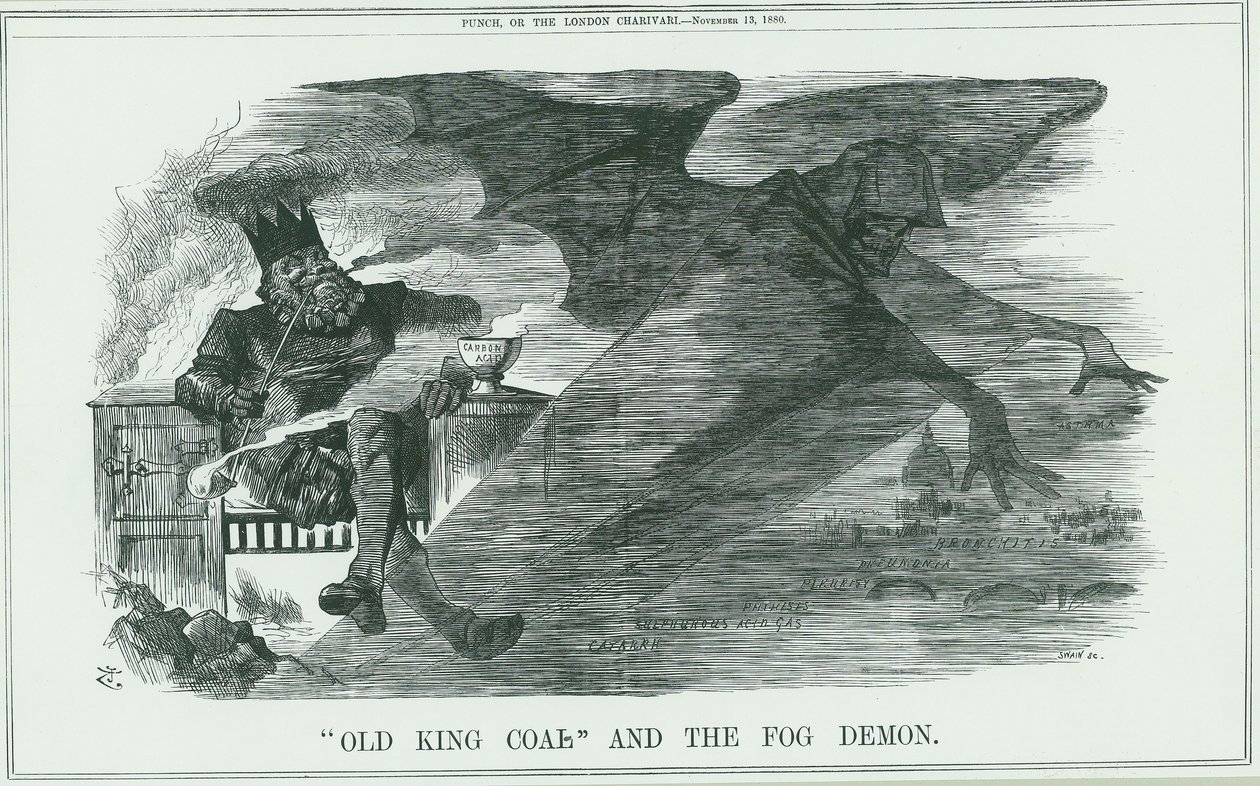 Az Old King Coal elégetésének hatásai Londonra. A köd asztmát, hörghurutot, tüdőgyulladást, mellhártyagyulladást stb. John Tenniel rajzfilm a londoni Punchból alkotó: John Tenniel
