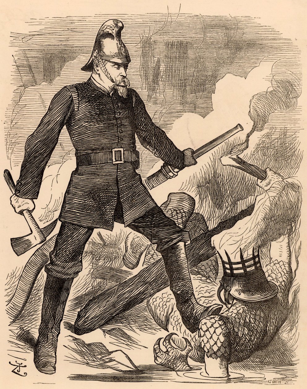 Eyre Massey Shaw tűzoltás, a "Punch" Londonból, 1887. augusztus 20. (metszet) alkotó: John Tenniel