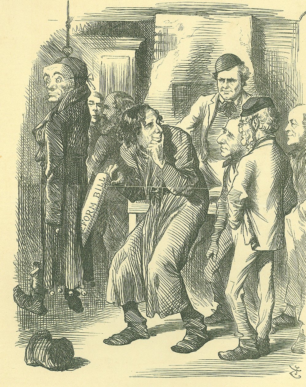 Fagin politikai iskolája: Parlament reformja – a franchise kiterjesztése. Disraeli 1867-ben átvitte a reformtörvényt a Commons-on, követelve a törvény elfogadását. Itt látható, amint kiveszi Lord John Russell zsebéből. alkotó: John Tenniel