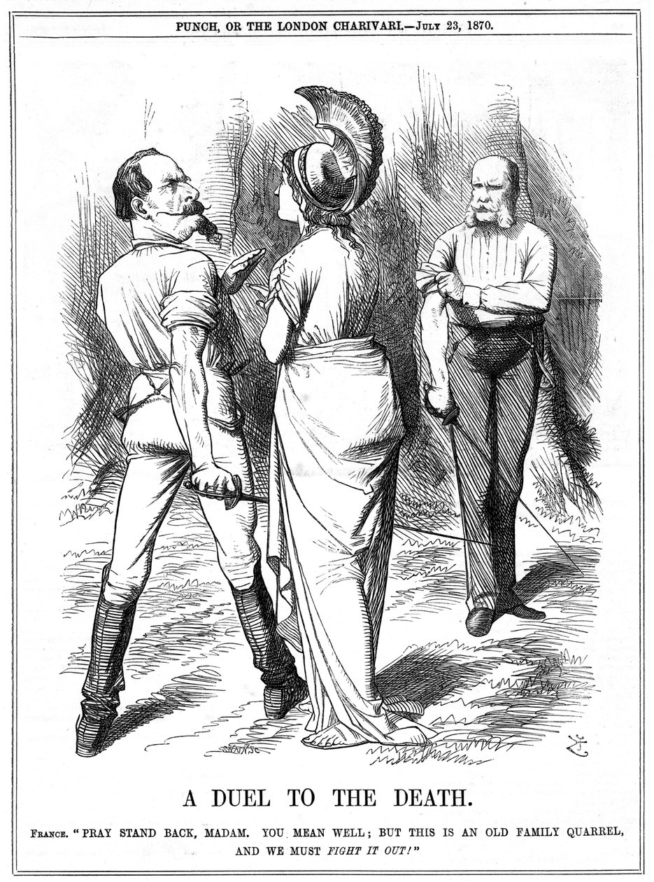 Francia-porosz háború 1870-1871: Britannia megpróbálja visszatartani III. Napóleont, aki háborúba kezdett Németországgal. A francia nyilatkozatot július 19-én kézbesítették Berlinben, a kiáltványt július 23-án. John Tenniel rajzfilm a londoni Punchból, 187 alkotó: John Tenniel