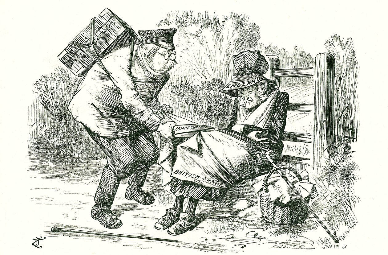Németország ellopja Nagy-Britannia világelső pozícióját a kereskedelemben és a gyártásban. John Tenniel rajzfilmje a Punchból, 1896. szeptember 5. alkotó: John Tenniel