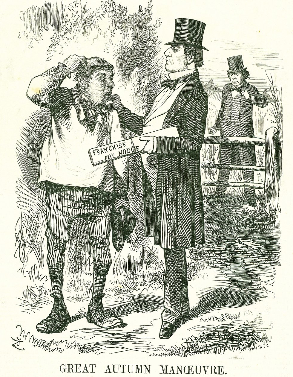 Nagy őszi manőver: Gladstone úgy gondolta, hogy végül a mezőgazdasági munkásokra kell szavazni (Hodge). Ebben az időben a miniszterelnöksége ingatag volt, és Disraeli arra vár, hogy átvegye a helyét. John Tenniel rajzfilm a londoni Punchból, 1873. augusztu alkotó: John Tenniel