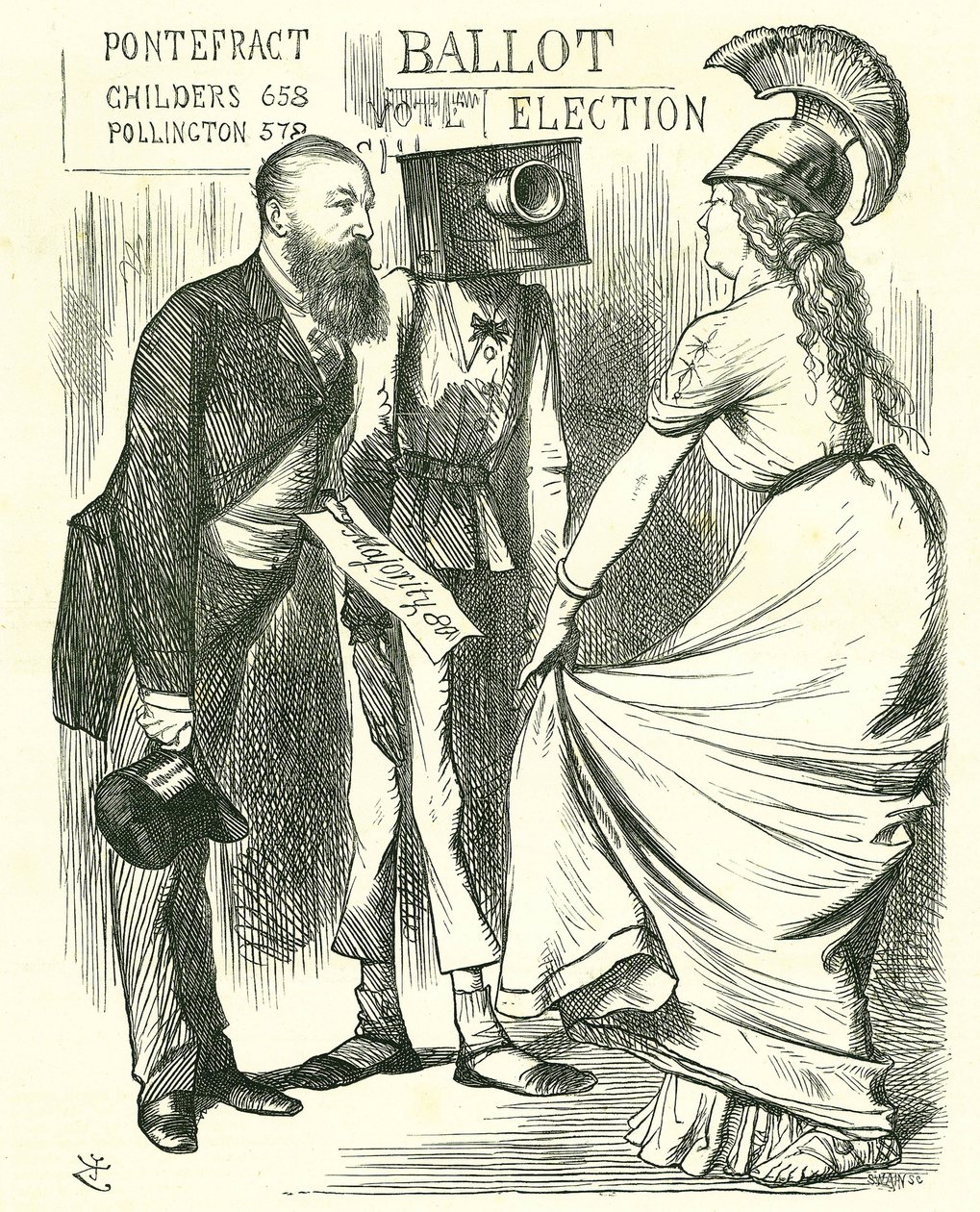 Hugh Childers (1827-1896) brit parlamenti képviselő, aki az új szavazóurna sikeréről beszél Britannia-nak. John Tenniel rajzfilm a 