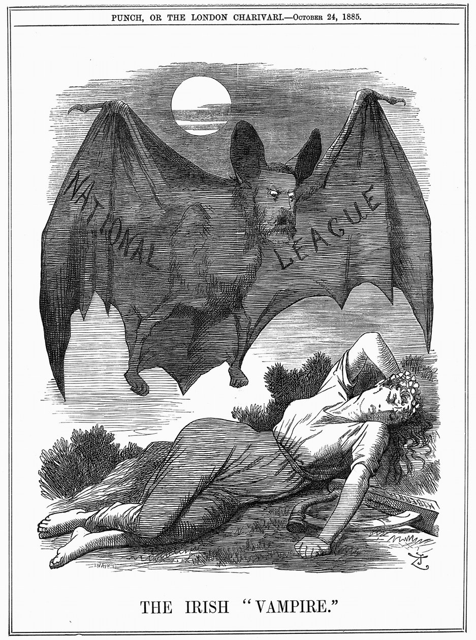 Ír Nemzeti Liga, Charles Stewart Parnell (1846-1891) arcával, aki Írországot zsákmányoló vámpírként ábrázolja. John Tenniel rajzfilm Punch Londonból, 1885. október 24. Metszet alkotó: John Tenniel