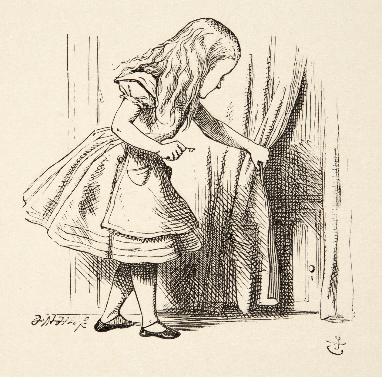 A függöny mögé néz, Lewis Carroll (1832-98) Alice Adventures in Wonderland című filmjéből, pub. 1891 alkotó: John Tenniel