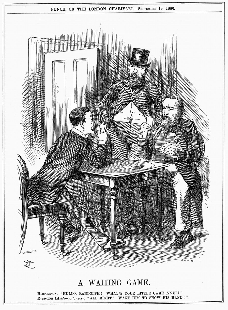 Lord Randolph Churchill (balra) arra próbálja rávenni Charles Stewart Parnell ír politikust, hogy mutassa meg a kezét, és tudassa Churchill-lel és Hartingtonnal, hogyan fogja felhasználni a Parnellite szavazatait, amelyeket ő irányít az alsóházban. John Te alkotó: John Tenniel