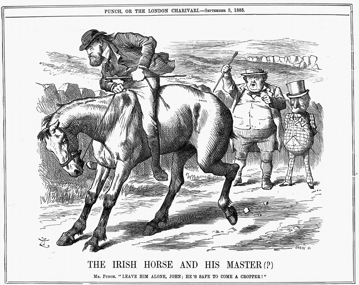 Punch úr azt mondja John Bullnak, hogy hagyja figyelmen kívül Charles Stewart Parnellt (1846-1891), ír politikust, mivel biztos, hogy az ír lovon lovagló cropper lesz. John Tenniel rajzfilm Punch Londonból 1885. szeptember 5. Metszet alkotó: John Tenniel