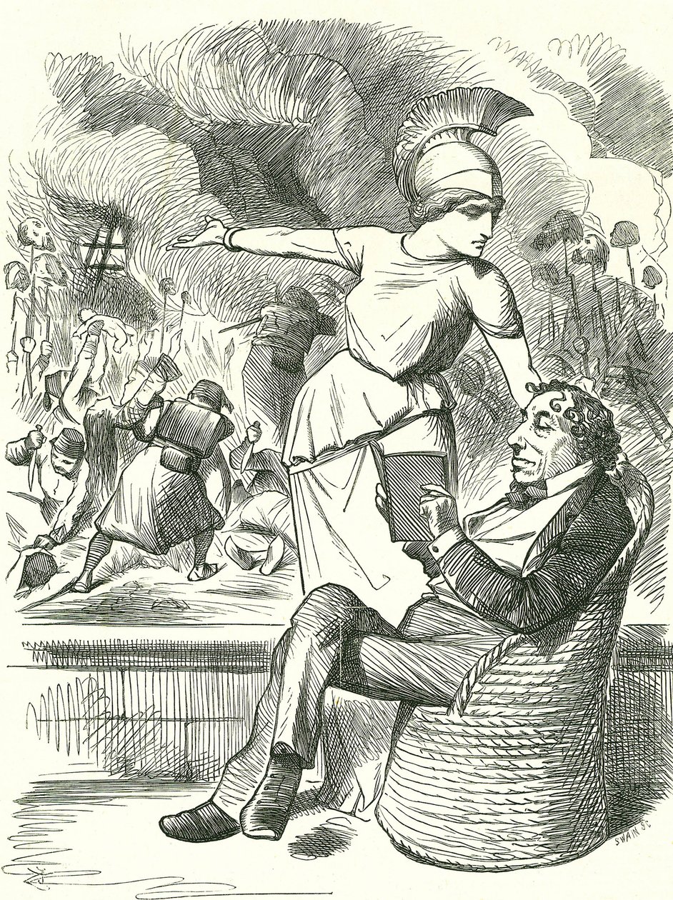 Semlegesség nehézségek közepette”: Benjamin Disraeli, brit konzervatív miniszterelnök, aki nem hajlandó lépéseket tenni az orosz-török háború miatt. John Tenniel rajzfilm a 