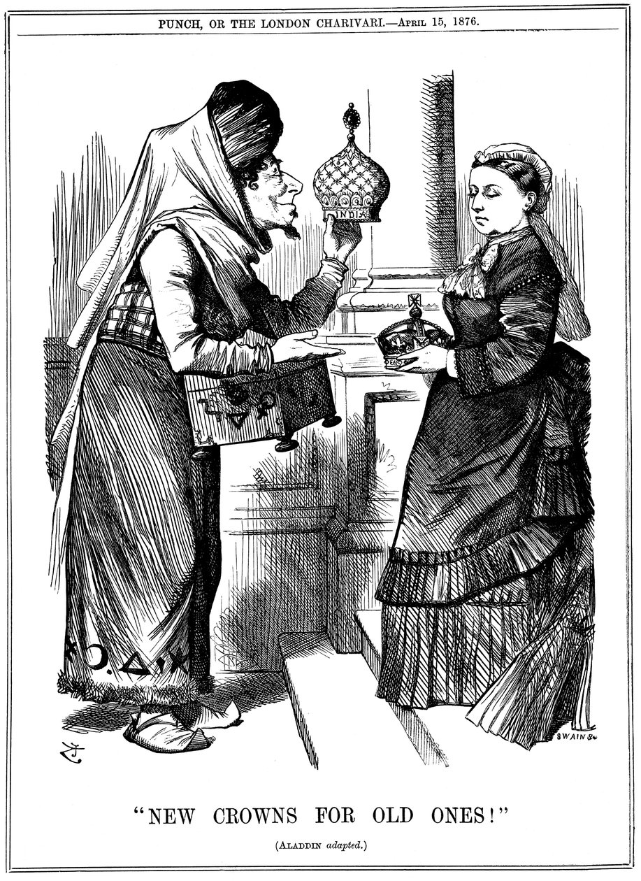 Új koronát a régieknek!, Benjamin Disraeli felajánlja India koronáját Viktória királynőnek, 1876 alkotó: John Tenniel