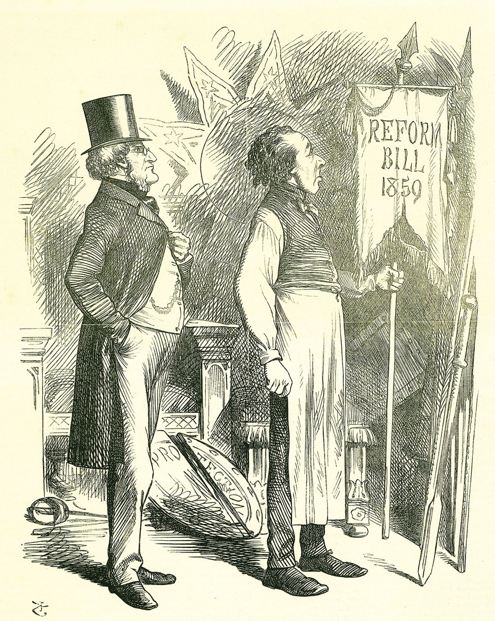 Politikai gazdaságtan: parlamenti reform – a franchise kiterjesztése. Disraeli (kancellár) és Derby (miniszterelnök) leporolja a reformtörvényt. 1867-ben Disraeli új törvényjavaslatot terjesztett elő. John Tenniel rajzfilm a londoni Punchból alkotó: John Tenniel