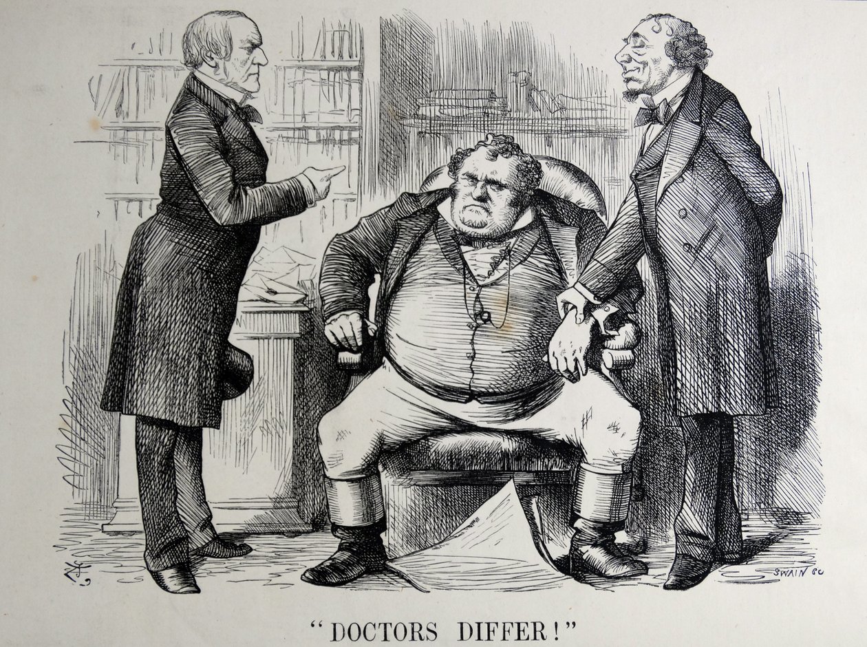William Ewart Gladstone-t, Benjamin Disraelit és John Bullt ábrázoló politikai szatíra alkotó: John Tenniel