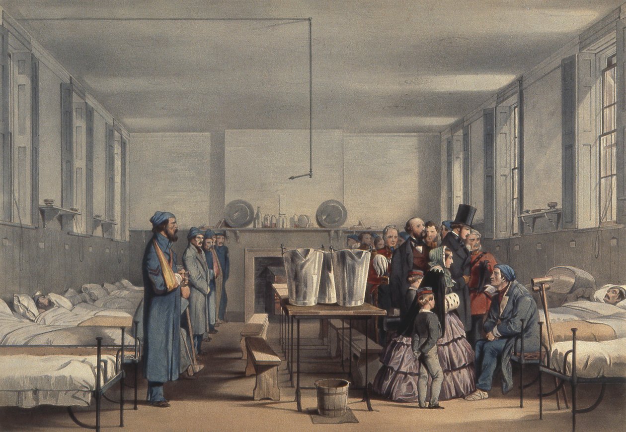 Viktória királynő és Albert herceg meglátogatják a krími háborúban megsebesült katonákat a Brompton Kórházban, Chatham, 1855 alkotó: John Tenniel