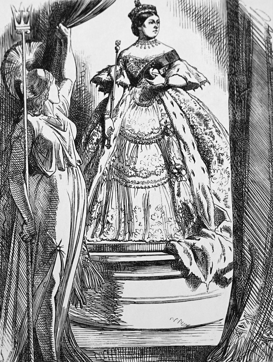 Viktória királynőt Britannia sürgette, hogy jöjjön vissza a világba hosszas gyásza után alkotó: John Tenniel