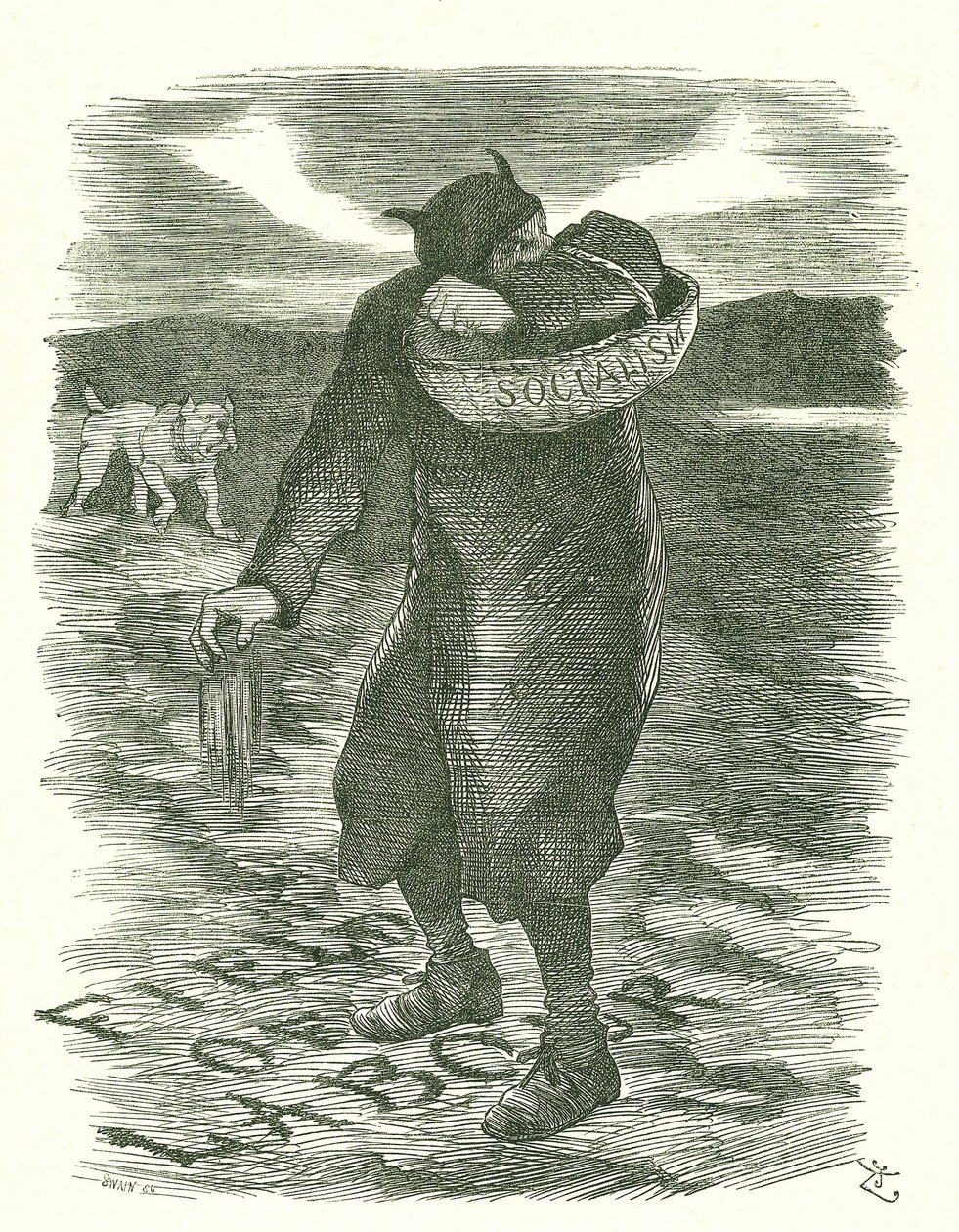 Konkoly vetése: Félelem, hogy a szocializmus terjed a brit munkaerő körében. John Tenniel rajzfilm a londoni Punchból, 1886. február 27-én. alkotó: John Tenniel