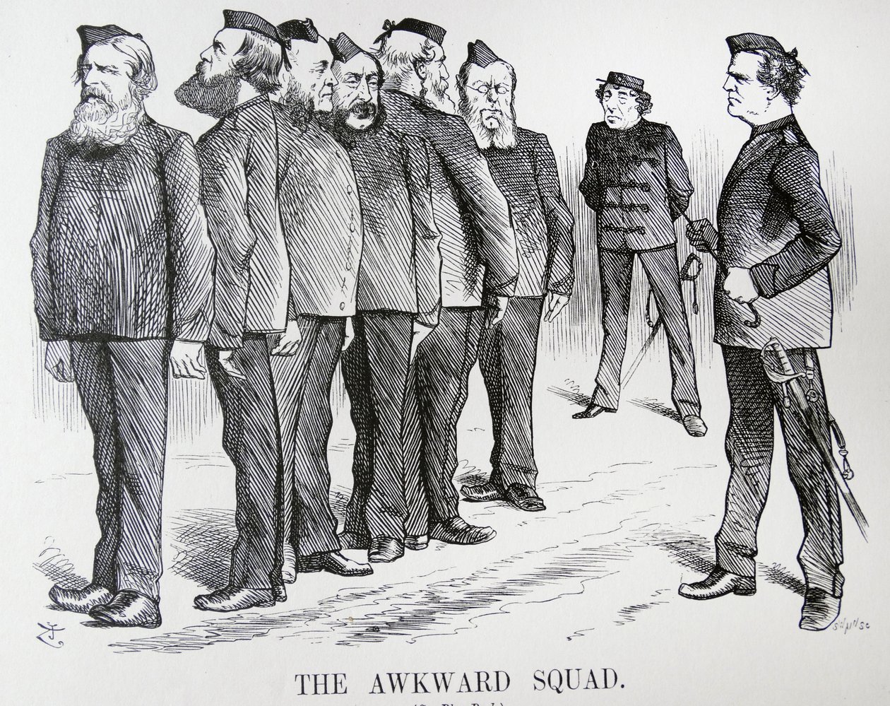 A KÉNYELMŰ OSZTAG. John Tenniel rajzfilm. Disraeli nehézségei az orosz-török háborúval kapcsolatos politikákról alkotott kabinetjének eltérő véleményével alkotó: John Tenniel