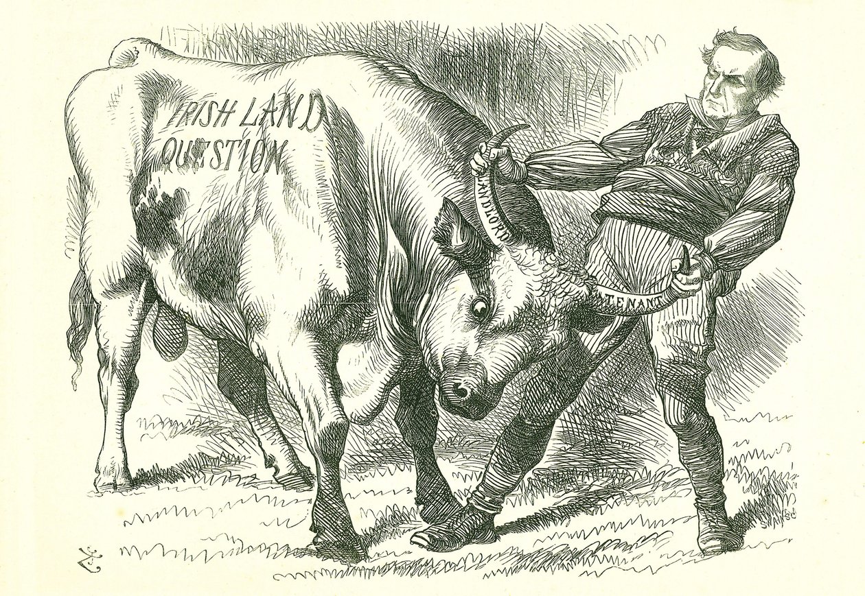 Az (ír) bulla szarvánál fogva: a törvényjavaslatot a parlament 1870. február 15-én fogadta el, és július 8-án kapta meg a királyi hozzájárulást. William Gladstone miniszterelnök, aki a témával foglalkozik. John Tenniel rajzfilm a londoni Punchból, 1870. fe alkotó: John Tenniel
