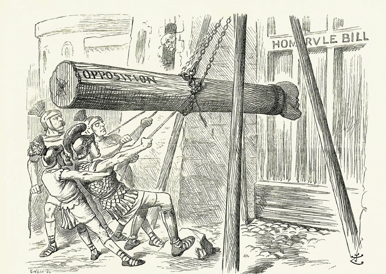 A támadás: Gladstone liberális otthoni törvényjavaslata, amelyet a konzervatív ellenzék támadott meg egy ütős kos Lord Salisbury vezető fejével. John Tenniel rajzfilm a londoni "Punch"-ból alkotó: John Tenniel