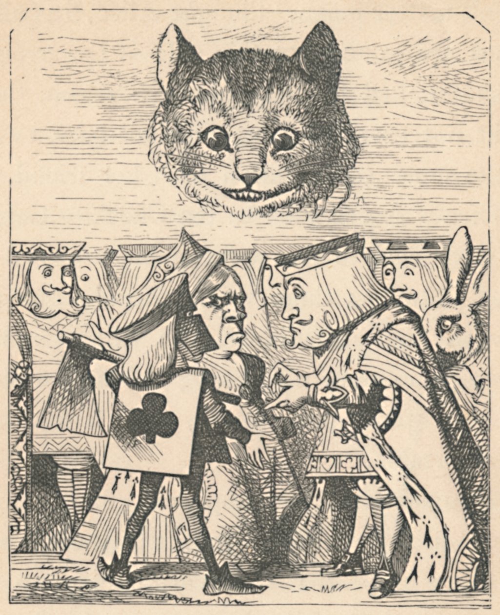 A Cheshire-i macska lenéz a Vörös Királyra és a Királynőre, akik veszekednek, 1889 alkotó: John Tenniel