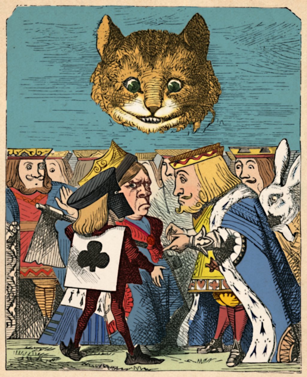 A Cheshire-i macska lenéz a Vörös Királyra és a Királynőre, akik veszekednek, 1889 alkotó: John Tenniel