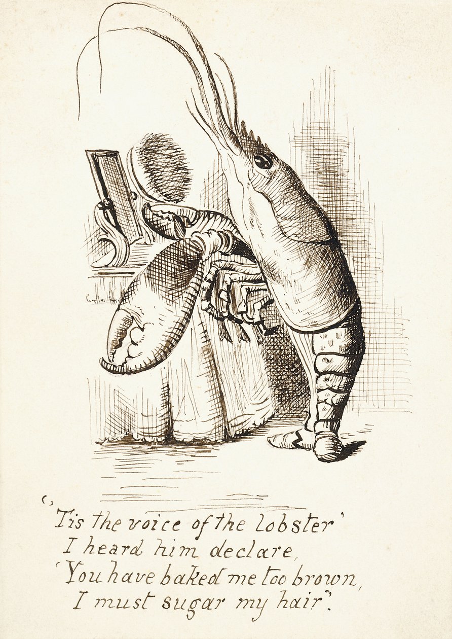 A homár, hajkefével a karmában, fésülködőasztal előtt állva, 4 verssorral, 1865 körül (toll és barna tinta) alkotó: John Tenniel