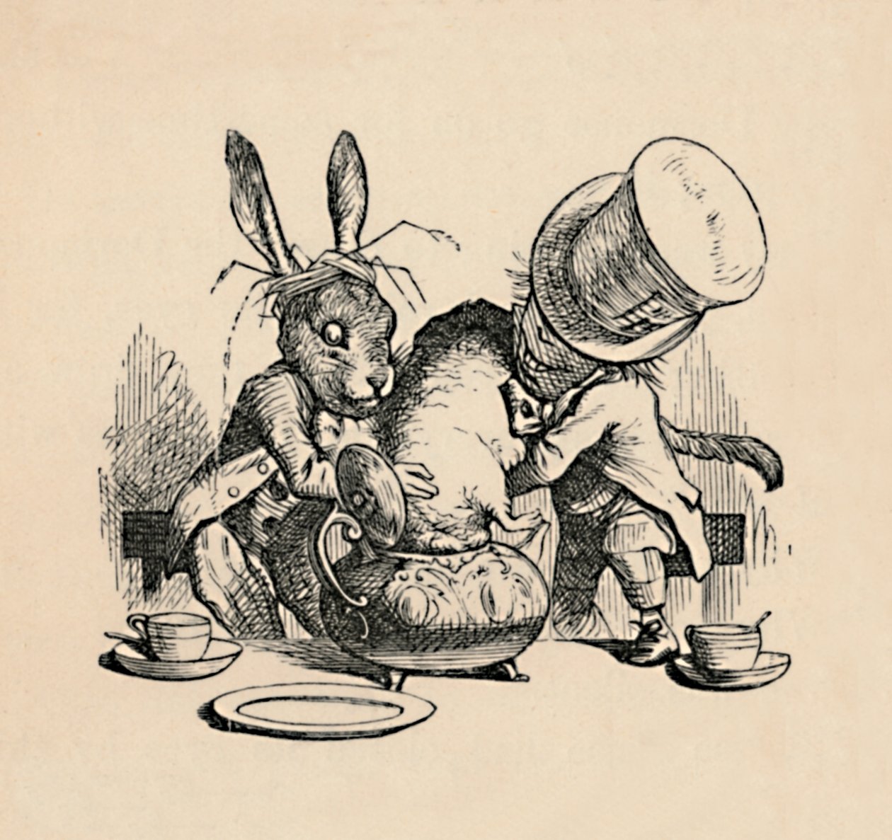 Az őrült kalapos és a márciusi nyúl megpróbálja a Dormouse-t egy teáskannába tenni, 1889 alkotó: John Tenniel