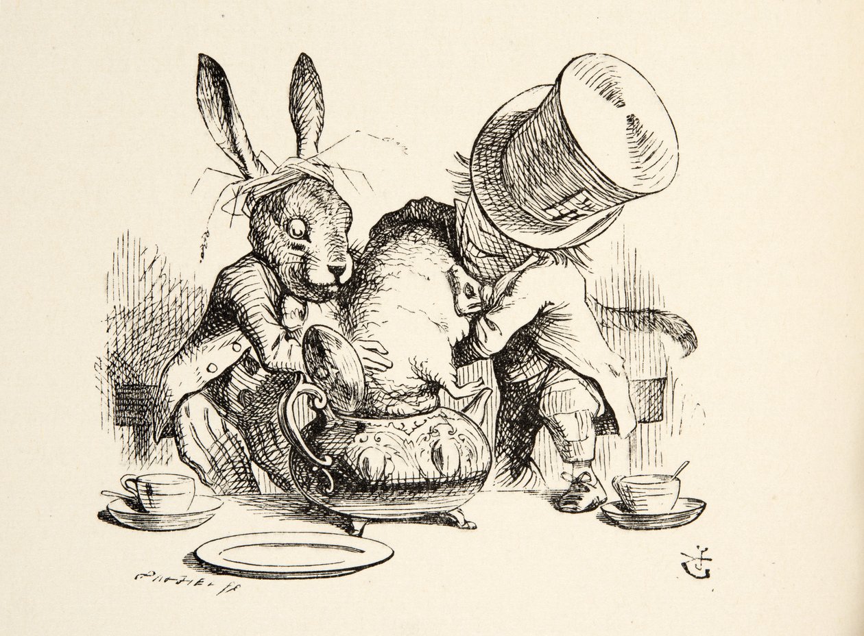 Az Őrült Kalapos és a márciusi nyúl, aki a teáskannába dugja a nyuszit, Lewis Carroll (1832 - 98) Alices kalandjai Csodaországban című művéből, kiad. 1891 alkotó: John Tenniel