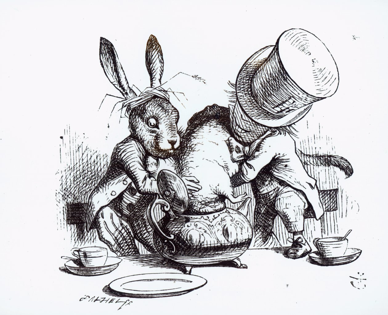 Az őrült kalapos és a mezei nyúl a teáskannába helyezi a hálómadarat, illusztráció az „Alice kalandjai csodaországban” című filmből, Lewis Carroll, 1865 alkotó: John Tenniel