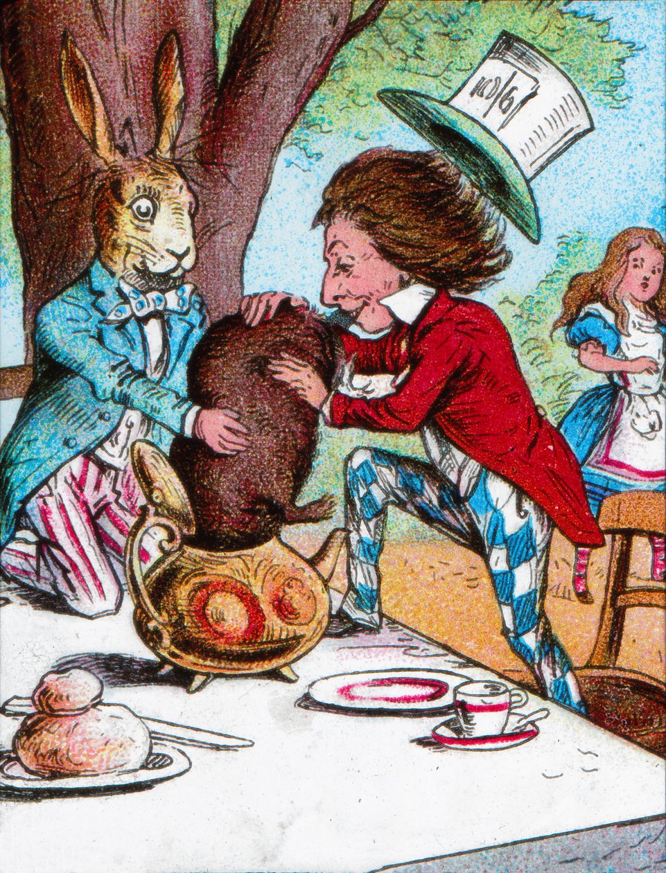 Az őrült kalapos és a márciusi nyúl megpróbálja a Dormouse-t egy teáskannába tenni, 1910 alkotó: John Tenniel
