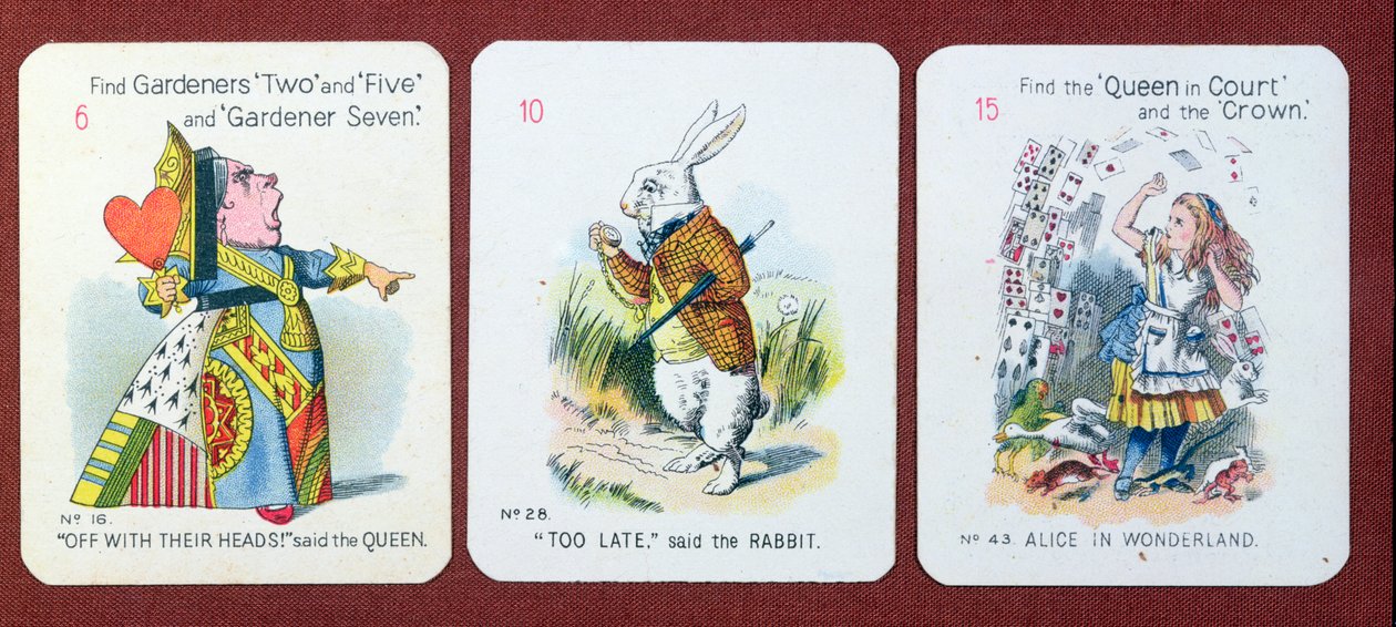 Három "Happy Family" kártya, amelyek Lewis Carroll "Alice Csodaországban" című művének szereplőit ábrázolják. alkotó: John Tenniel