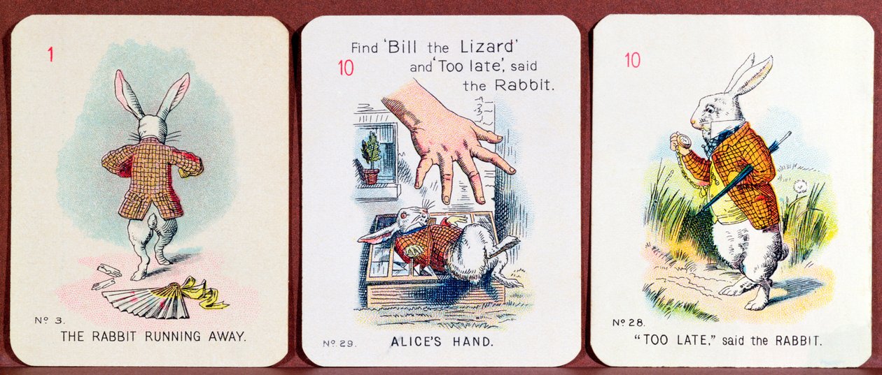 Három Boldog család kártya, amelyek az Alice Csodaországban szereplőit ábrázolják Lewis Carrolltól alkotó: John Tenniel