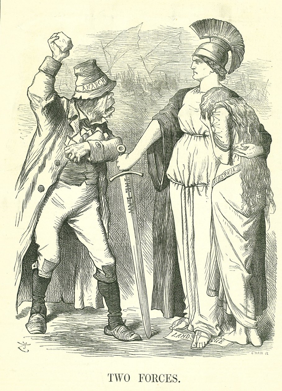 Két erő: Az Irish Land League betiltották. Britannia a Force of Law segítségével védi Hiberniát (Írország) az Anarchia Erőjével szemben. John Tenniel rajzfilm a londoni Punchból, 1881. október 29-én. alkotó: John Tenniel