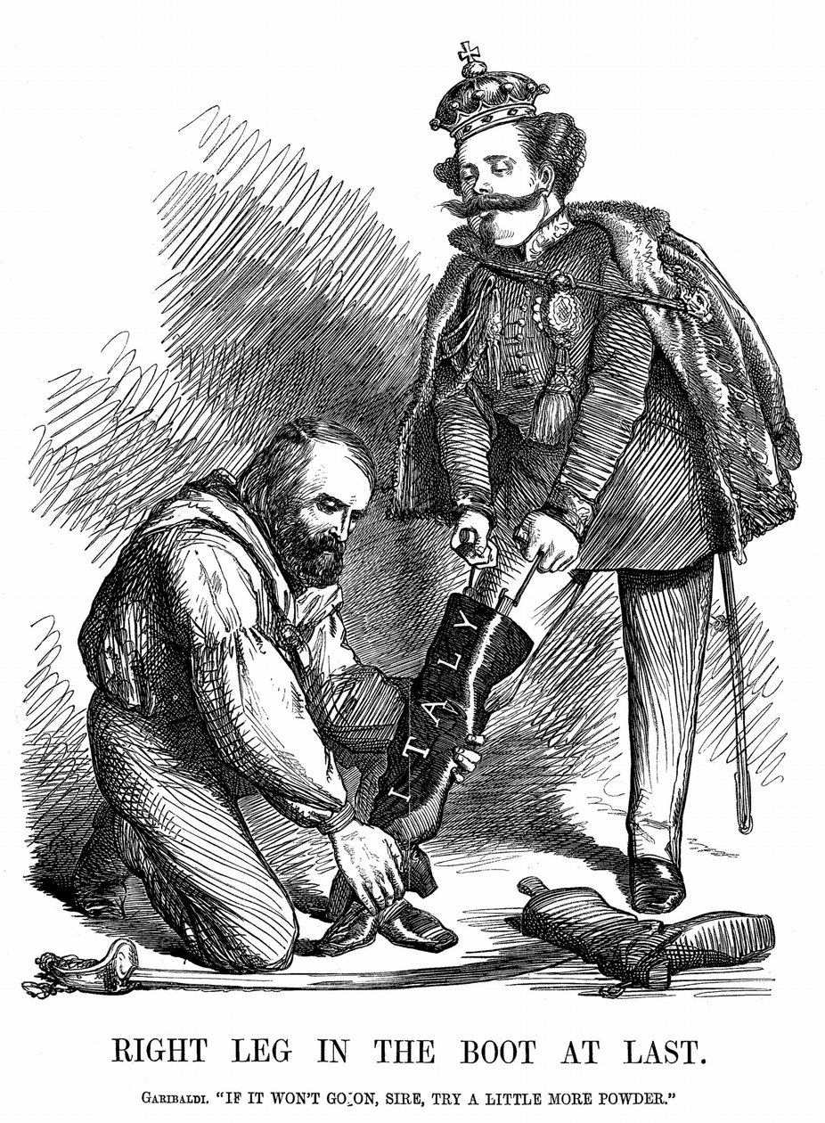Olaszország egyesítése: Giuseppe Garibaldi (1807-1882) segített II. Viktor Emmanuelnek (1820-78) felvenni Olaszország csizmáját. John Tenniel rajzfilm a londoni Punchból alkotó: John Tenniel