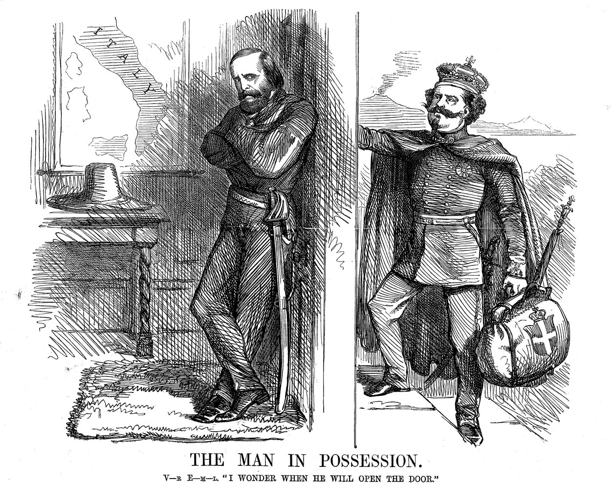 Viktor Emmánuel kopogtat Nápoly ajtaján, 1861 alkotó: John Tenniel