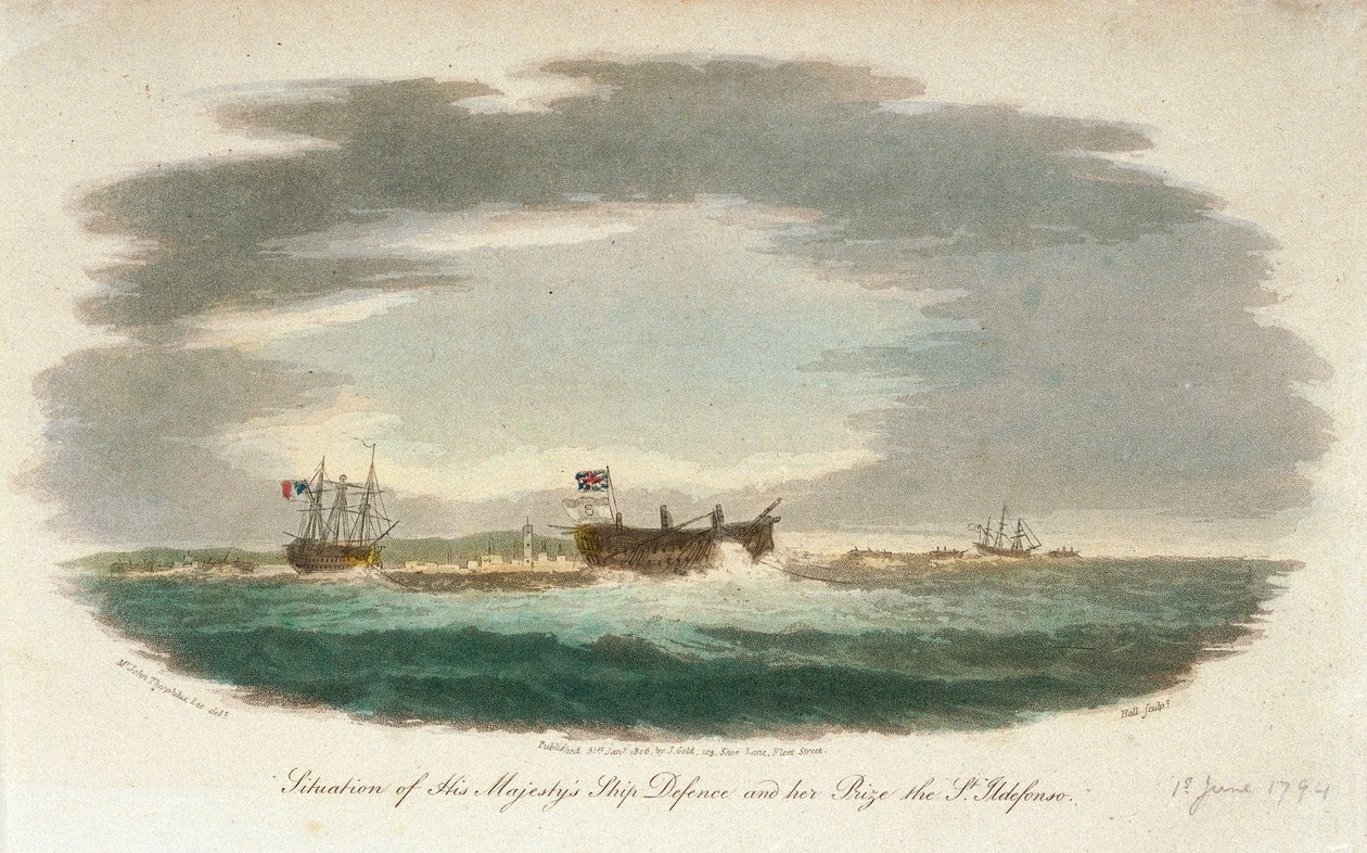 A HMS "Defence" által elfoglalt "San Ildefonso". alkotó: John Theophilus Lee