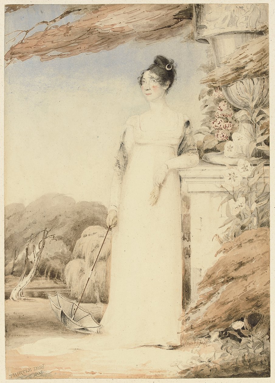 Ann Miles, később Mrs. John Sell Cotman portréja, egész alakos, jobb kezével napernyőt tart, bal karja lábazaton támaszkodik, 1805 alkotó: John Thirtle