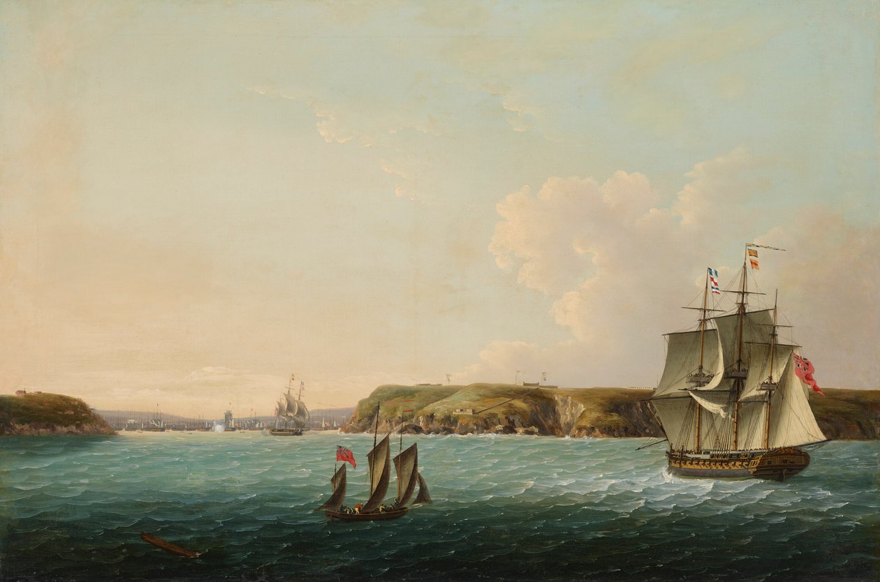 Brest partja és bejárata, a HMS Boadicea jelzi egy ismétlő fregattnak, hogy hány francia és spanyol hajó horgonyoz a kikötőben. alkotó: John Thomas Serres