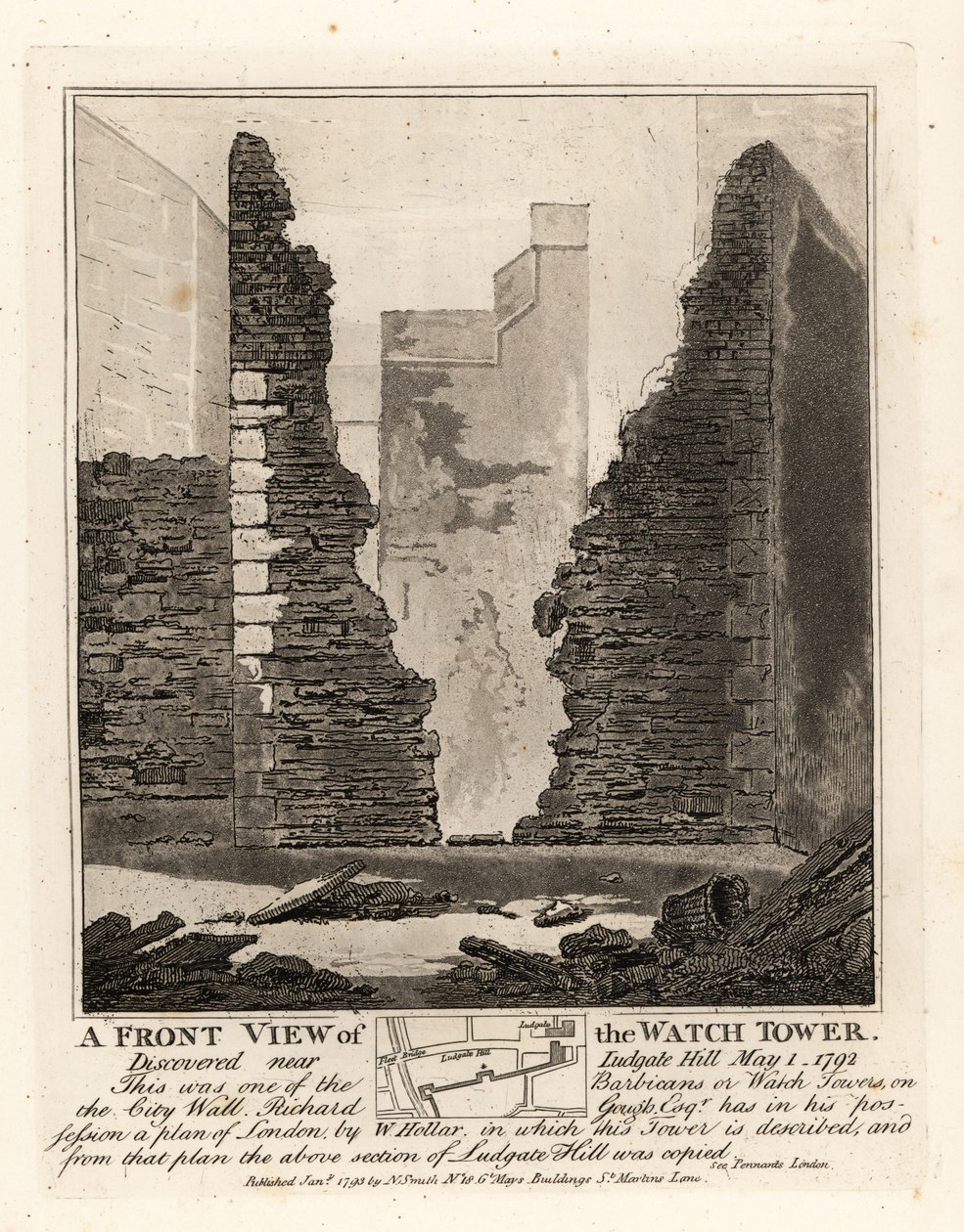 Az Őrtorony vagy a Barbakán elölnézete a városfalban, felfedezve a Ludgate-hegy közelében, 1792. május 1. alkotó: John Thomas Smith