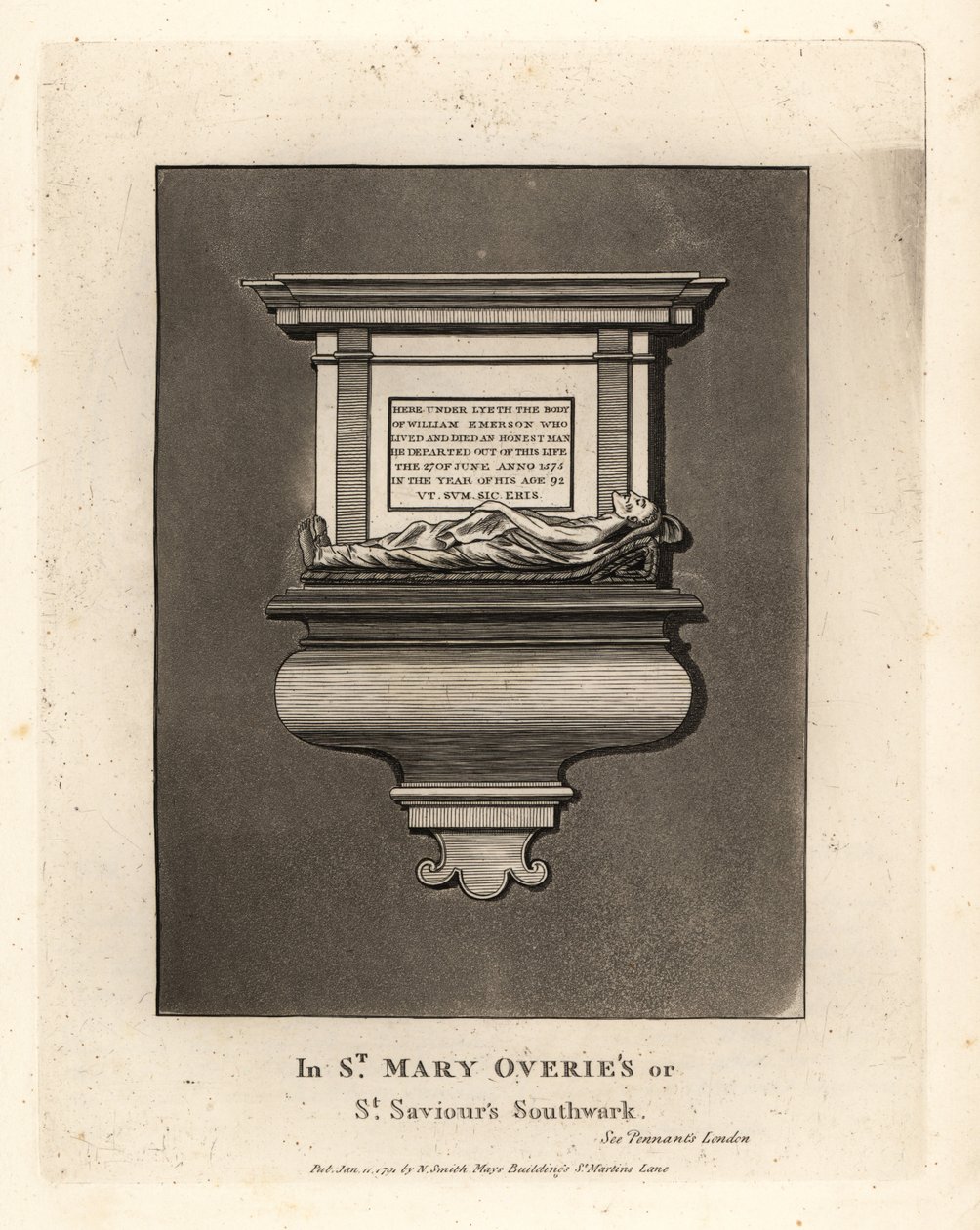 Sírkép és emlékmű az 1575-ben elhunyt, becsületes férfiú William Emersonnak, St Mary Overie vagy St Saviour’s Southwark-ban alkotó: John Thomas Smith