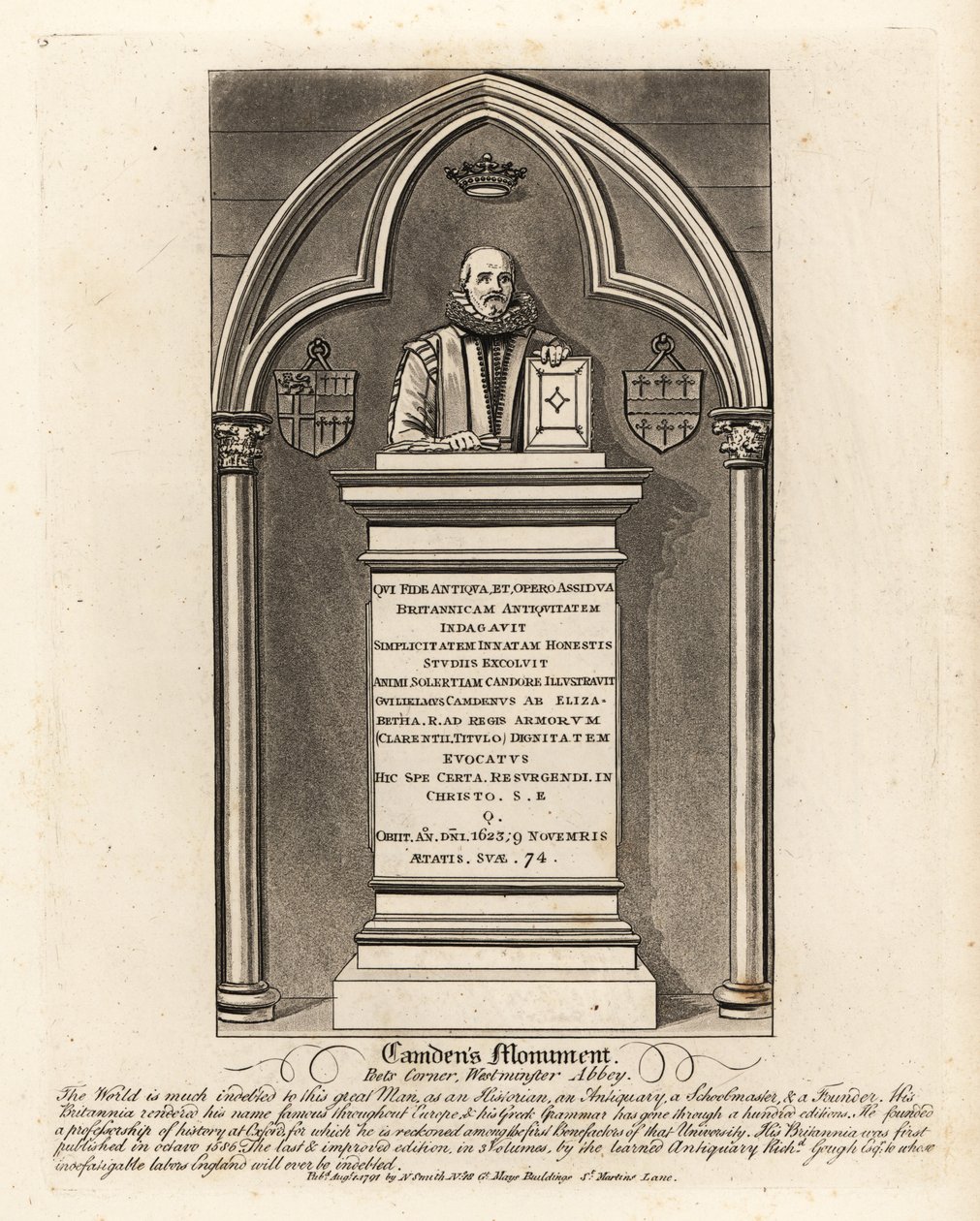 Az 1623-ban elhunyt Erzsébet-kori antikvárius és hírnök, William Camdem síremléke a Westminster Abbey Poets Cornerben alkotó: John Thomas Smith