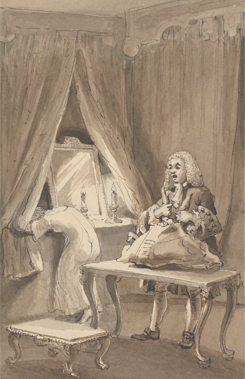 Hogarth, miután a felesége új hálóinget vett fel, megköti Sir James Thornhillnek küldendő dolgait egy levéllel, amelyben azt mondta neki: „Smoking nélkül vitte el a lányát. alkotó: John Thomas Smith