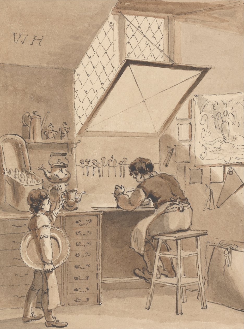 Hogarth mestere boltját gravírozza – számlát az angyal jelével alkotó: John Thomas Smith