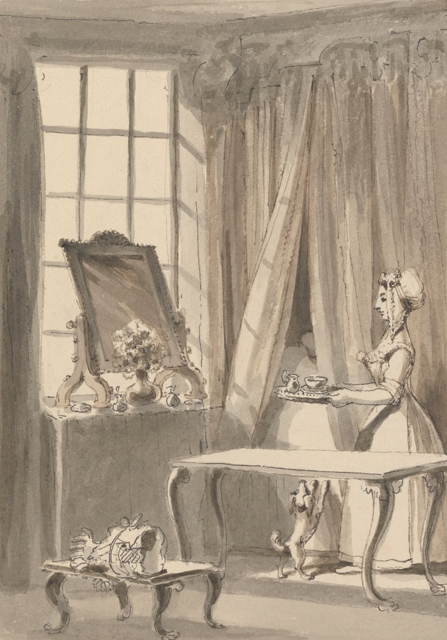 Hogarth elkészítette a reggelit, és egy csészét küld a feleségének, miközben megparancsolja, hogy a kiskutyát engedjék be úrnője hálószobájába alkotó: John Thomas Smith