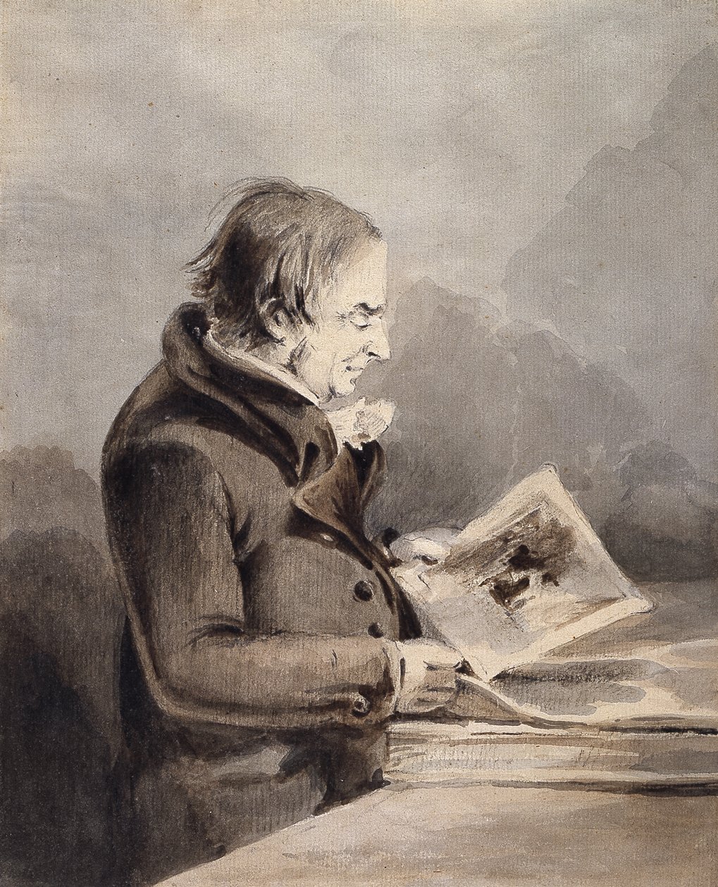 J.M.W. Turner In The British Museum (barna és szürke tinta a ceruza fölött fehér papíron) alkotó: John Thomas Smith