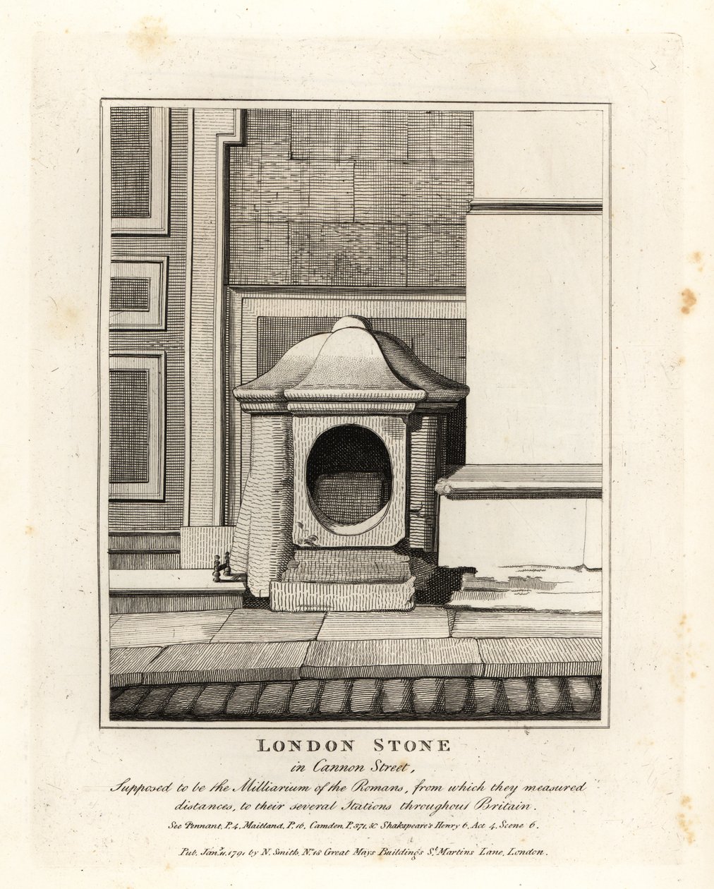 London Stone a Cannon Streeten, amely a rómaiak mérföldköve vagy Milliáriuma alkotó: John Thomas Smith