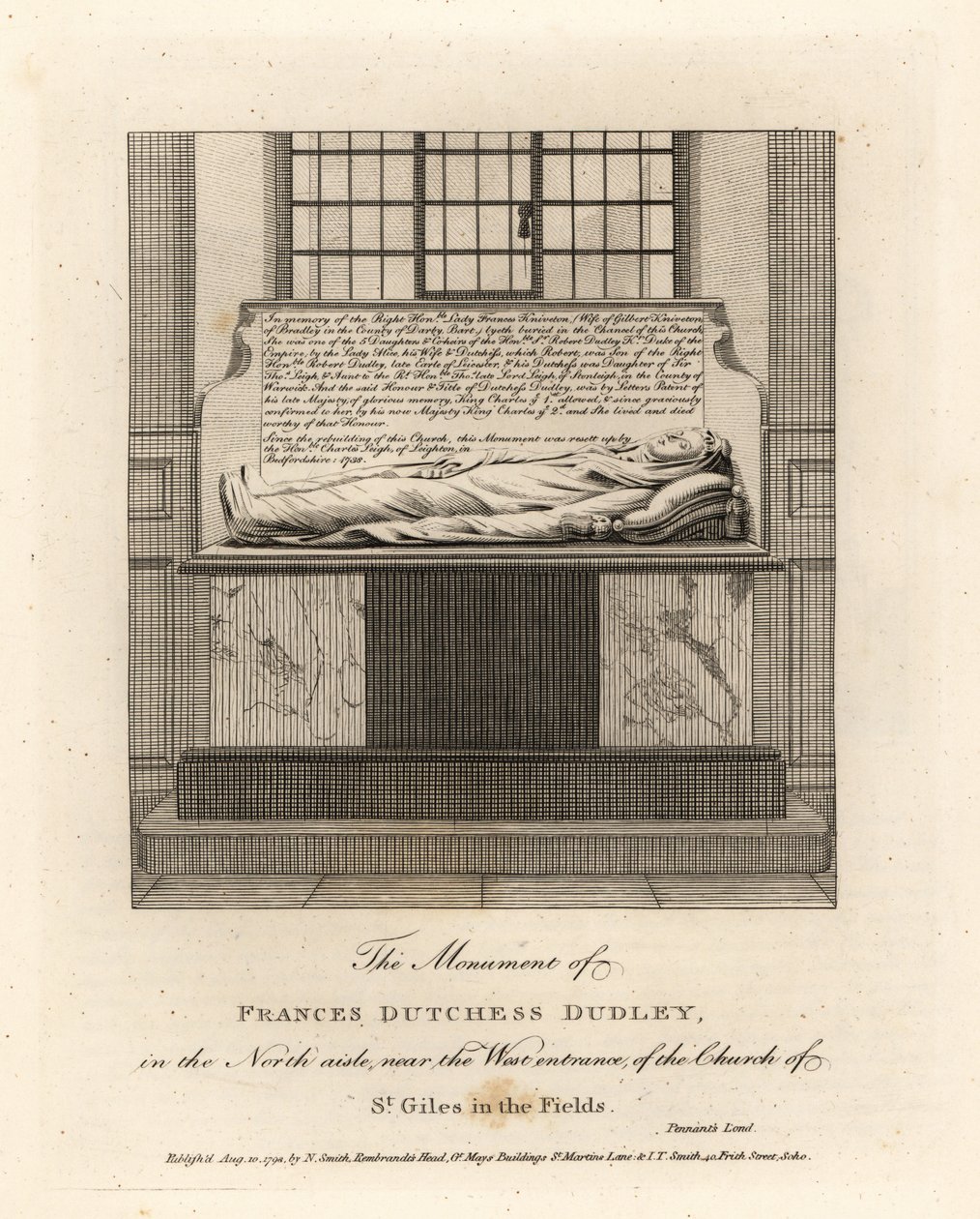 Lady Frances Knivetonnak, Dudley hercegnőjének, Sir Gilbert Kniveton feleségének emlékműve a St Giles in the Fields templomban alkotó: John Thomas Smith